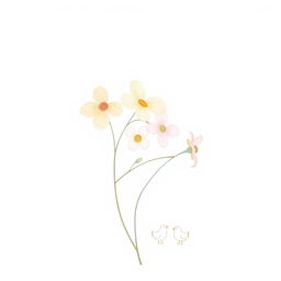 A minimalistic painting featuring a few delicate flowers in soft pastel colors, intertwined with a couple of small, stylized chickens