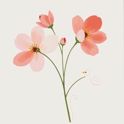 A minimalistic painting featuring a few delicate flowers in soft pastel colors, intertwined with a couple of small, stylized chickens