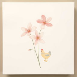 A minimalistic painting featuring a few delicate flowers in soft pastel colors, intertwined with a couple of small, stylized chickens