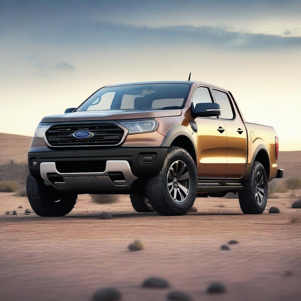 An image of a compact pickup truck that combines the round contours of a Ford Maverick with the robust construction of a Ford Ranger