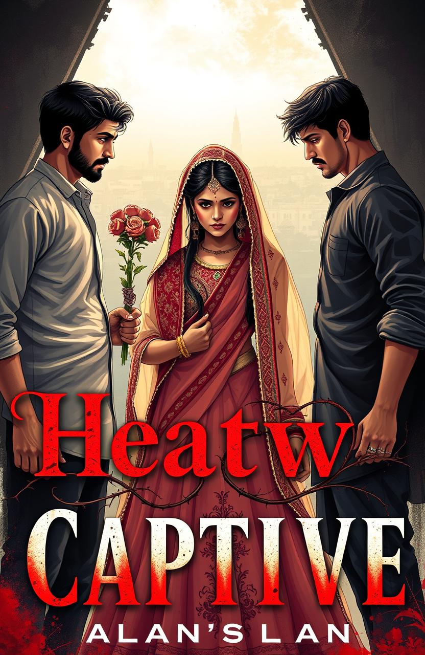 A dramatic cover illustration featuring Nitara, dressed in a torn and tattered Indian wedding attire, showcasing delicate embroidery and vibrant colors