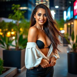 A striking and elegant transgender woman with long flowing hair, wearing a fashionable outfit that highlights her figure