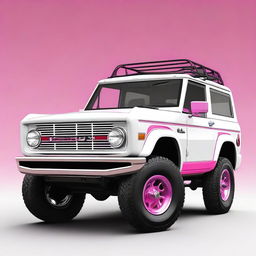 A high-quality digital art of a white Ford Bronco, enhanced with hot pink accents