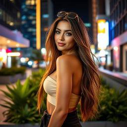 A striking and elegant transgender woman with long flowing hair, wearing a fashionable outfit that highlights her figure