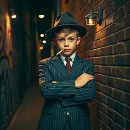 A stylish young gangster boy, wearing a sharp, tailored pinstriped suit and a fedora hat, standing confidently against a vintage brick wall