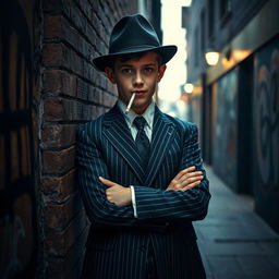 A stylish young gangster boy, wearing a sharp, tailored pinstriped suit and a fedora hat, standing confidently against a vintage brick wall