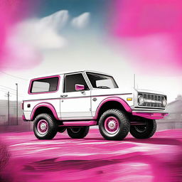 A high-quality digital art of a white Ford Bronco, enhanced with hot pink accents