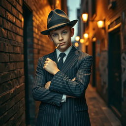 A stylish young gangster boy, wearing a sharp, tailored pinstriped suit and a fedora hat, standing confidently against a vintage brick wall