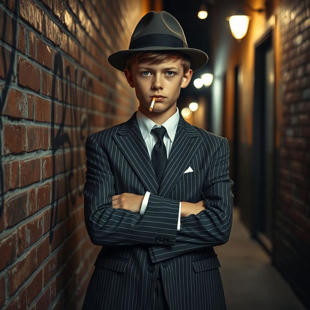 A stylish young gangster boy, wearing a sharp, tailored pinstriped suit and a fedora hat, standing confidently against a vintage brick wall