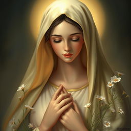 A strikingly realistic portrayal of Mother Mary, depicted as an ethereal figure with serene expressions, embodying grace and purity