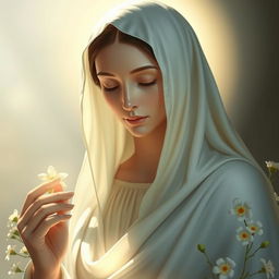 A strikingly realistic portrayal of Mother Mary, depicted as an ethereal figure with serene expressions, embodying grace and purity
