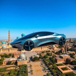A sleek futuristic electric car flying above the historic city of Samarkand, showcasing the stunning architecture of ancient mosques and vibrant turquoise domes, with a clear blue sky in the background