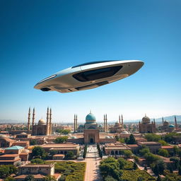 A sleek futuristic electric car flying above the historic city of Samarkand, showcasing the stunning architecture of ancient mosques and vibrant turquoise domes, with a clear blue sky in the background