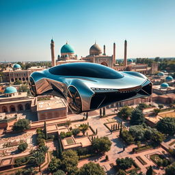 A sleek futuristic electric car flying above the historic city of Samarkand, showcasing the stunning architecture of ancient mosques and vibrant turquoise domes, with a clear blue sky in the background