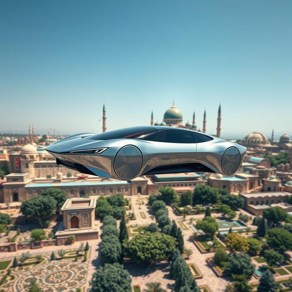 A sleek futuristic electric car flying above the historic city of Samarkand, showcasing the stunning architecture of ancient mosques and vibrant turquoise domes, with a clear blue sky in the background