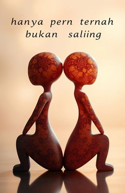 A symbolic representation of the phrase 'hanya pernah bukan saling' in a creative and artistic way, showcasing two abstract figures positioned back to back, each characterized by distinct colors and textures, signifying independence and separation