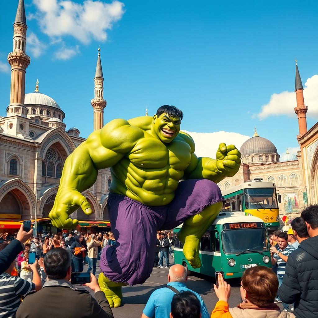 A giant, muscular Hulk rampaging through the streets of Tashkent, Uzbekistan