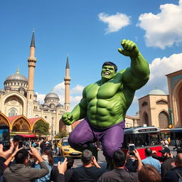 A giant, muscular Hulk rampaging through the streets of Tashkent, Uzbekistan