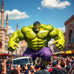 A giant, muscular Hulk rampaging through the streets of Tashkent, Uzbekistan