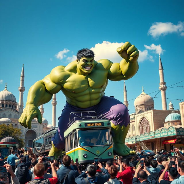 A giant, muscular Hulk rampaging through the streets of Tashkent, Uzbekistan