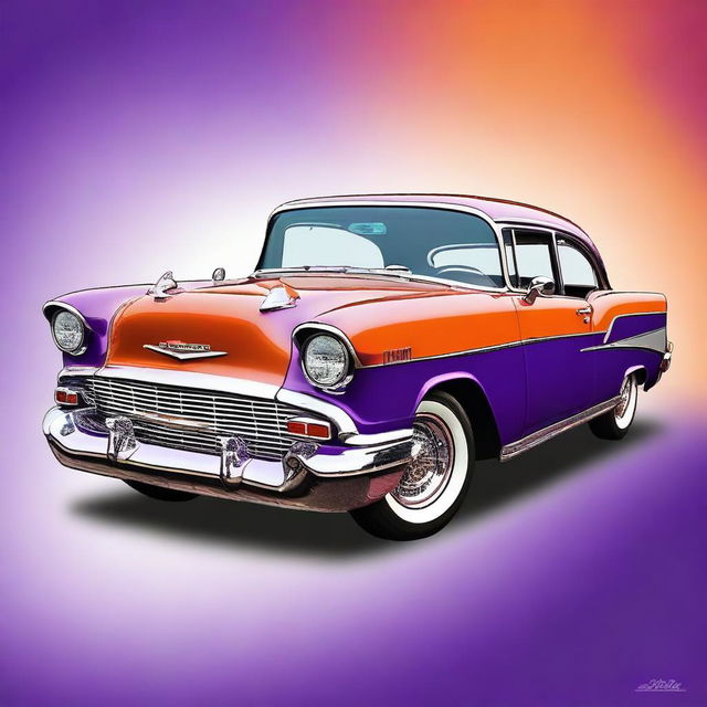 This is a digital art of a purple Chevrolet Bel Air in the highest quality, vividly detailed down to the chrome accents