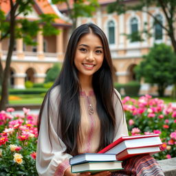 A stunning Thai university girl, with long black hair and warm brown skin, wearing a stylish yet casual outfit that blends traditional Thai elements with modern fashion