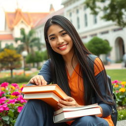 A stunning Thai university girl, with long black hair and warm brown skin, wearing a stylish yet casual outfit that blends traditional Thai elements with modern fashion