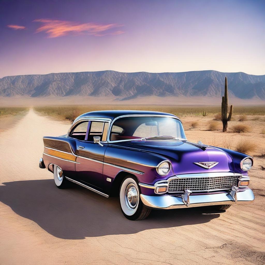 A high-quality realistic image features a purple Chevrolet Bel Air with bright orange flames