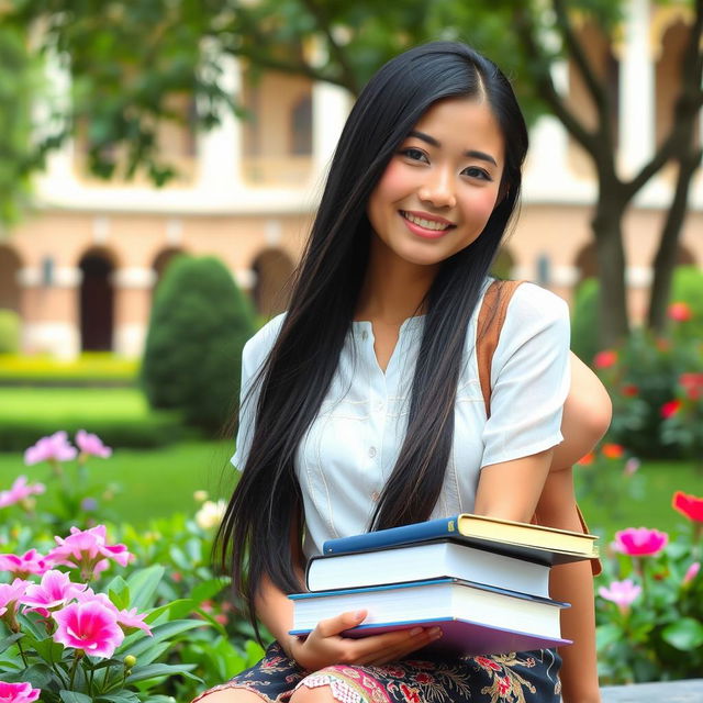 A stunning Thai university girl, with long black hair and warm brown skin, wearing a stylish yet casual outfit that blends traditional Thai elements with modern fashion