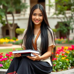 A stunning Thai university girl, with long black hair and warm brown skin, wearing a stylish yet casual outfit that blends traditional Thai elements with modern fashion