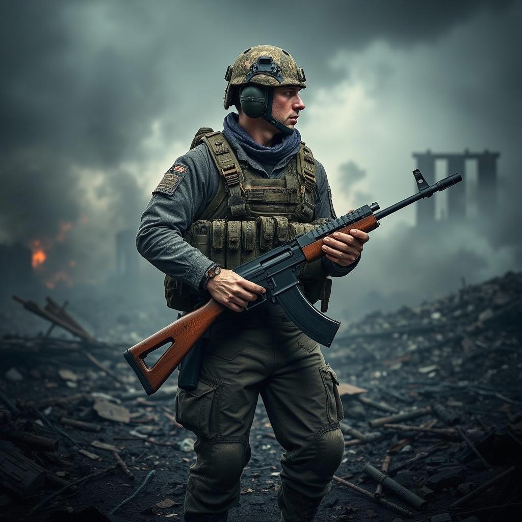 A special soldier standing confidently in a war-torn landscape, wearing a tactical vest, helmet, and holding an AK-47 rifle