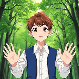 Anime-style medium shot of a young male YouTuber with short brown hair, wearing a white shirt and a blue vest