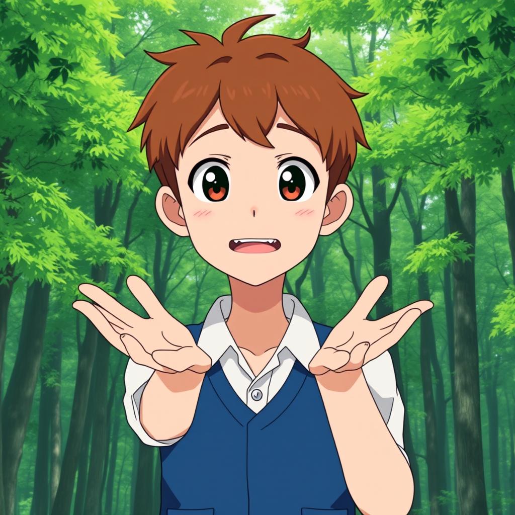 Anime-style medium shot of a young male YouTuber with short brown hair, wearing a white shirt and a blue vest