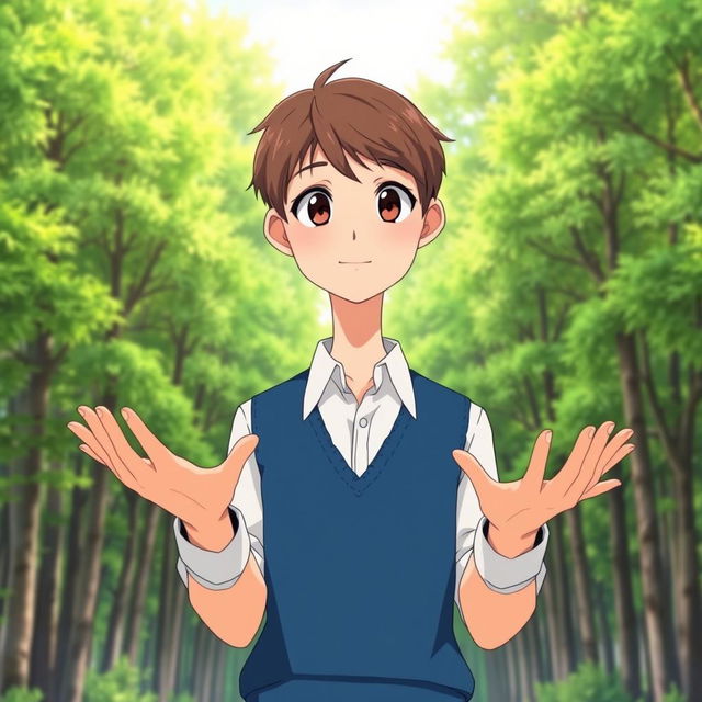 Anime-style medium shot of a young male YouTuber with short brown hair, wearing a white shirt and a blue vest