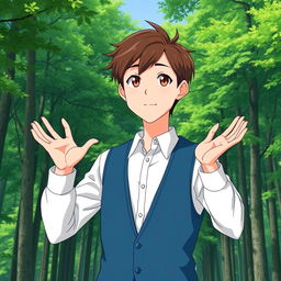 Anime-style medium shot of a young male YouTuber with short brown hair, wearing a white shirt and a blue vest