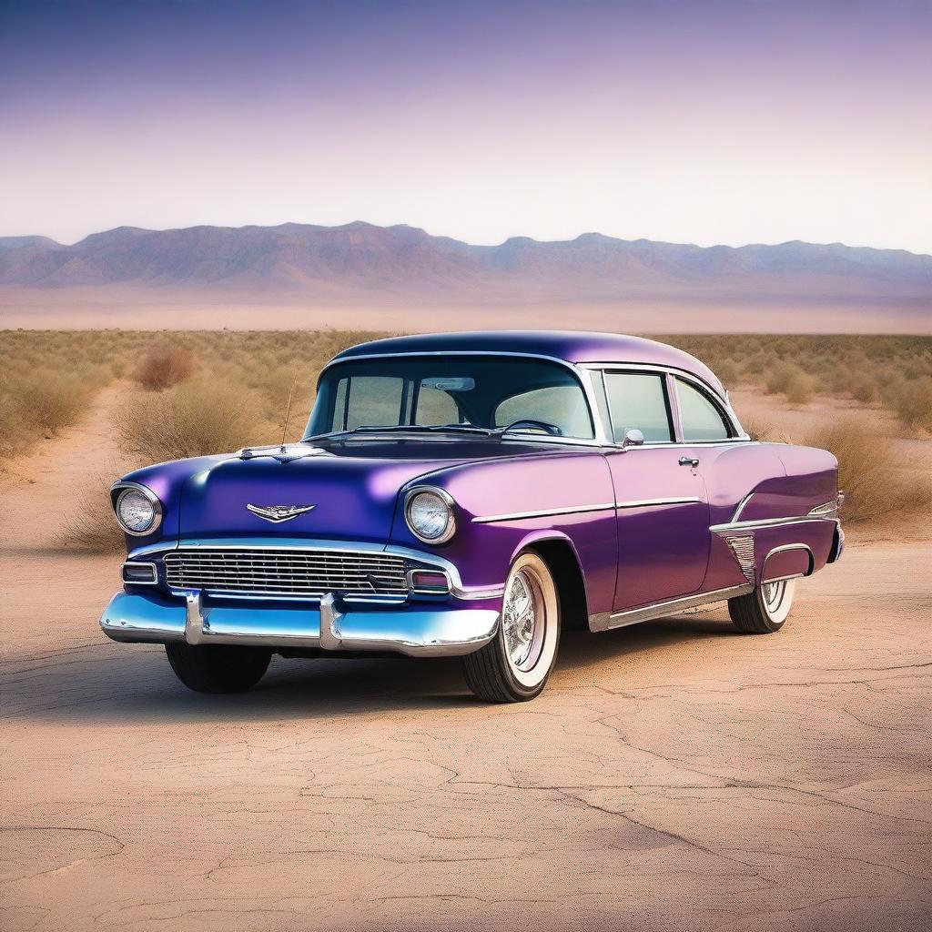 A high-quality realistic image features a purple Chevrolet Bel Air with bright orange flames