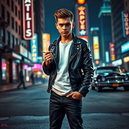 A fierce gangster boy standing confidently on a gritty city street at night