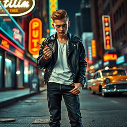 A fierce gangster boy standing confidently on a gritty city street at night