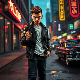 A fierce gangster boy standing confidently on a gritty city street at night