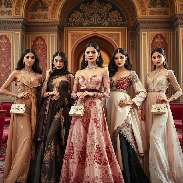 A group of elegant Persian girls wearing beautiful Dior outfits, showcasing a blend of traditional Persian aesthetics with modern high fashion