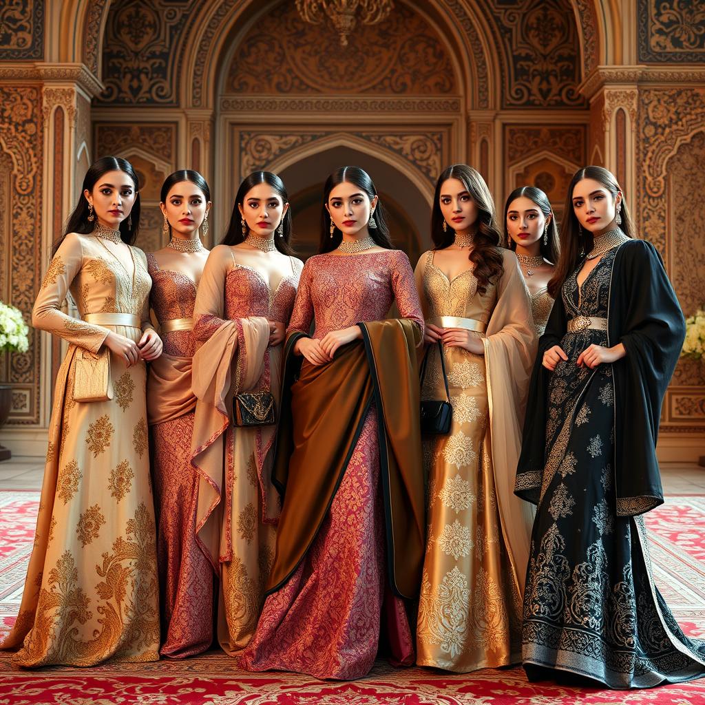 A group of elegant Persian girls wearing beautiful Dior outfits, showcasing a blend of traditional Persian aesthetics with modern high fashion
