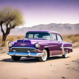 A high-quality realistic image features a purple Chevrolet Bel Air with bright orange flames