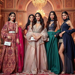 A group of elegant Persian girls wearing beautiful Dior outfits, showcasing a blend of traditional Persian aesthetics with modern high fashion