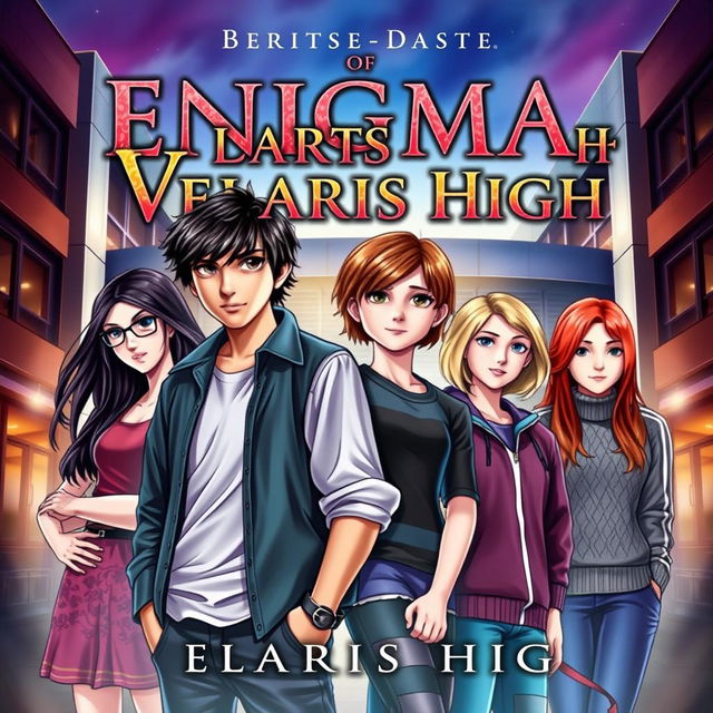 A captivating novel cover titled 'Enigma Of Velaris High' featuring two teenage boys and four teenage girls