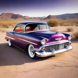 A high-quality realistic image features a purple Chevrolet Bel Air with bright orange flames