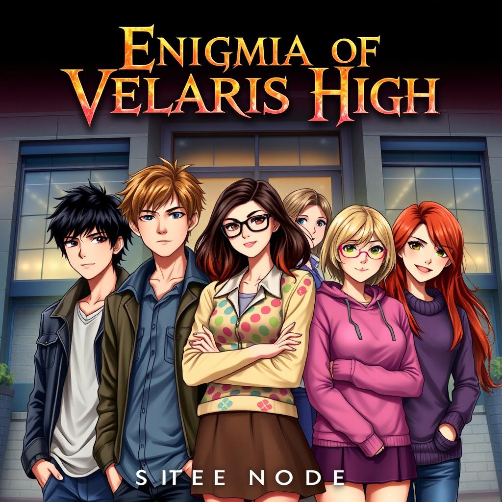 A captivating novel cover titled 'Enigma Of Velaris High' featuring two teenage boys and four teenage girls