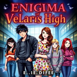 A captivating novel cover titled 'Enigma Of Velaris High' featuring two teenage boys and four teenage girls