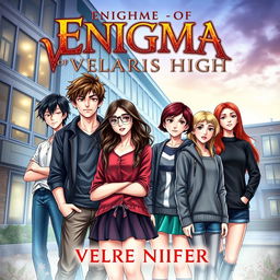 A captivating novel cover titled 'Enigma Of Velaris High' featuring two teenage boys and four teenage girls
