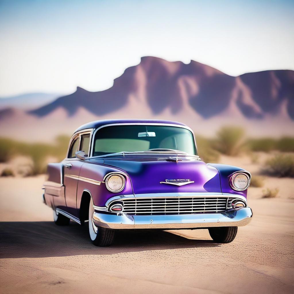 A cinematic-quality realistic image showcases a purple Chevrolet Bel Air, adorned with bright orange flames, parked on a country road in the heart of a desert