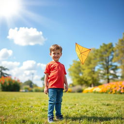A young boy standing in a sunlit park, wearing a bright red t-shirt and blue jeans, with sneakers on